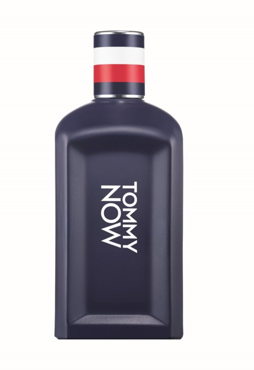 A dark blue perfume bottle with a striped cap and 'TOMMY NOW' written vertically.