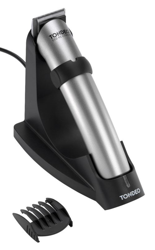 A silver electric hair clipper on a black stand with a small comb attachment.