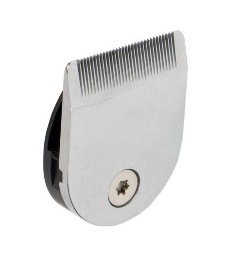 A hair clipper blade with metal teeth and a screw hole, used for hair trimming.