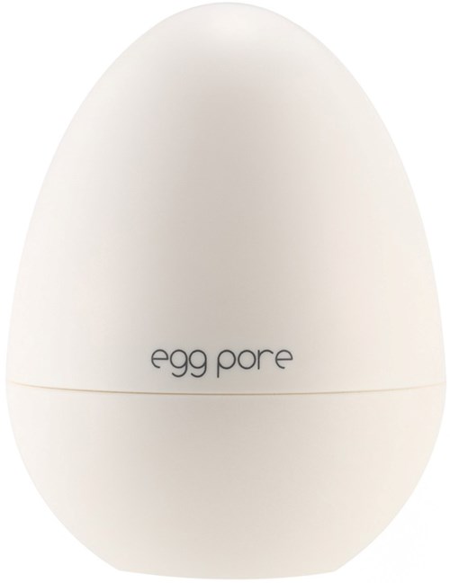 Ein weißes, eiförmiges Gerät mit der Aufschrift 'egg pore' und einer Naht in der Mitte.
