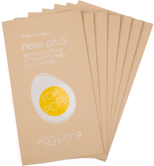 Mehrere beigefarbene Hautpflegebeutel mit 'TonyMoly nose pack for pore, egg pore' fokussieren auf Porenreinigung.