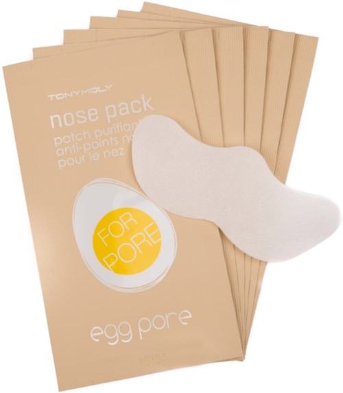 Eine beige Verpackung von Tony Moly Egg Pore Nasenstreifen mit einem weißen Streifen oben.