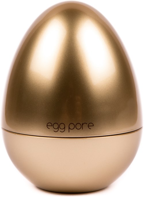 Ein goldfarbenes, eiförmiges Behälter mit der Aufschrift 'egg pore'.