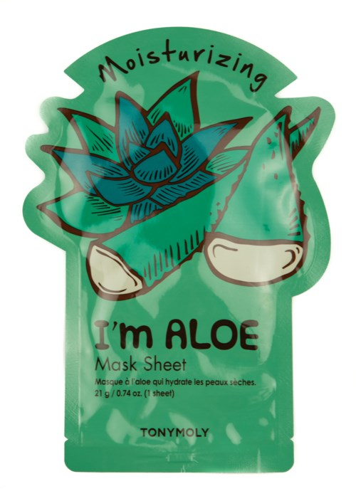 Grüne Gesichtsmaske mit blauer Aloe-Pflanze, Text über feuchtigkeitsspendende Eigenschaften, Marke Tonymoly.