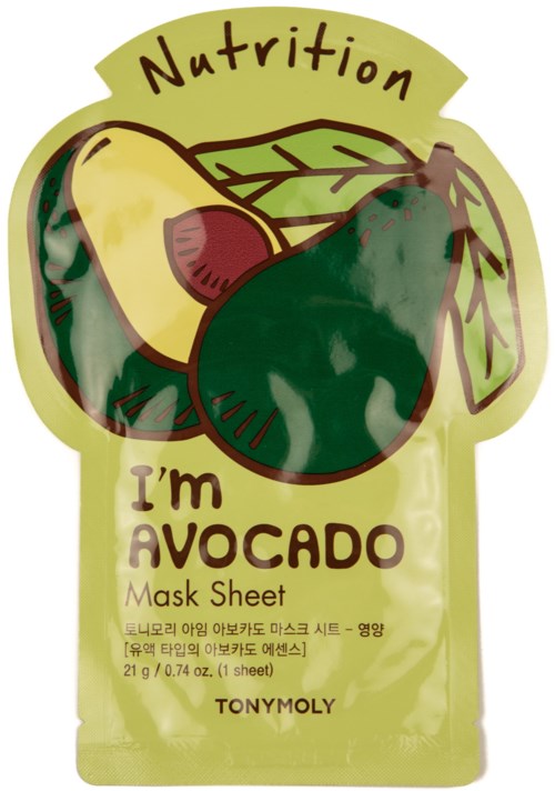 Eine Avocado-Illustration auf einer Maske-Verpackung mit Nährwertangaben und Produktnamen.