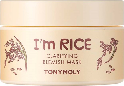 Ein cremefarbener Behälter mit der Aufschrift 'I'm RICE Clarifying Blemish Mask' und Illustrationen von Reispflanzen und Körnern.