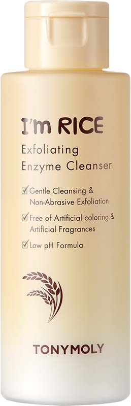Beige Flasche von Tony Moly Reis-Enzymen-Reiniger mit Produktdetails und Logo. Betont sanfte, schonende, kunststofffreie, pH-wenige Eigenschaften.