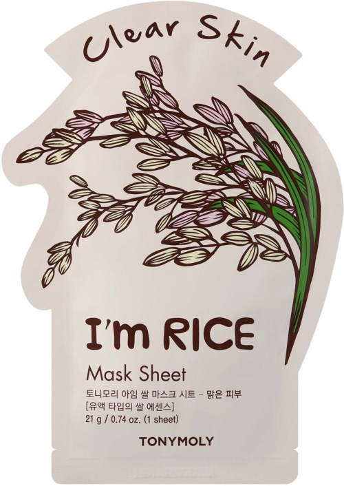 eine Verpackung für eine Gesichtsmaske mit Illustration von Reispflanze und Text über Reismaske für klare Haut.