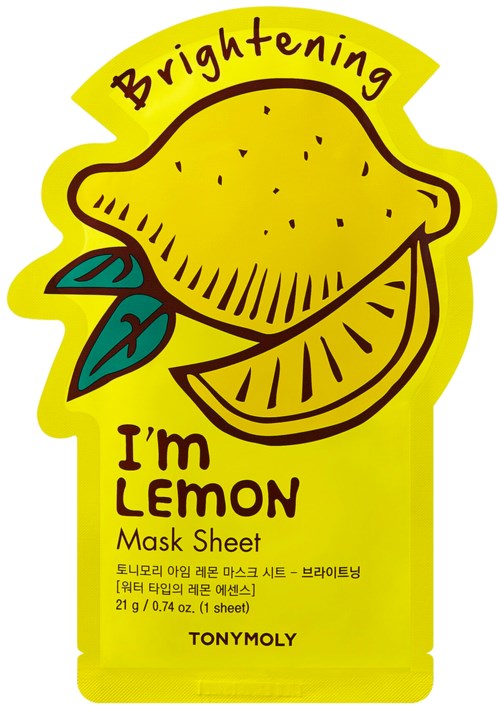 Gul innpakning med sitronillustrasjon og teksten I’m LEMON Mask Sheet, ToniMoly.