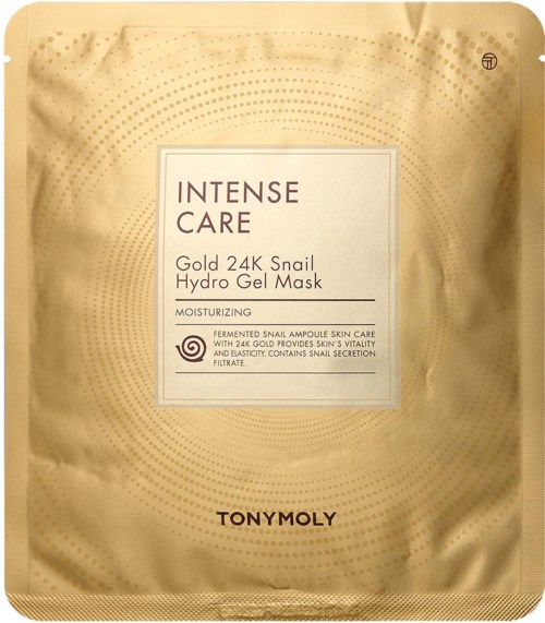 Kultainen naamio pussi, jossa lukee 'Intense Care' ja tietoja etanasiemurtehosta ja valmistajasta Tony Moly.