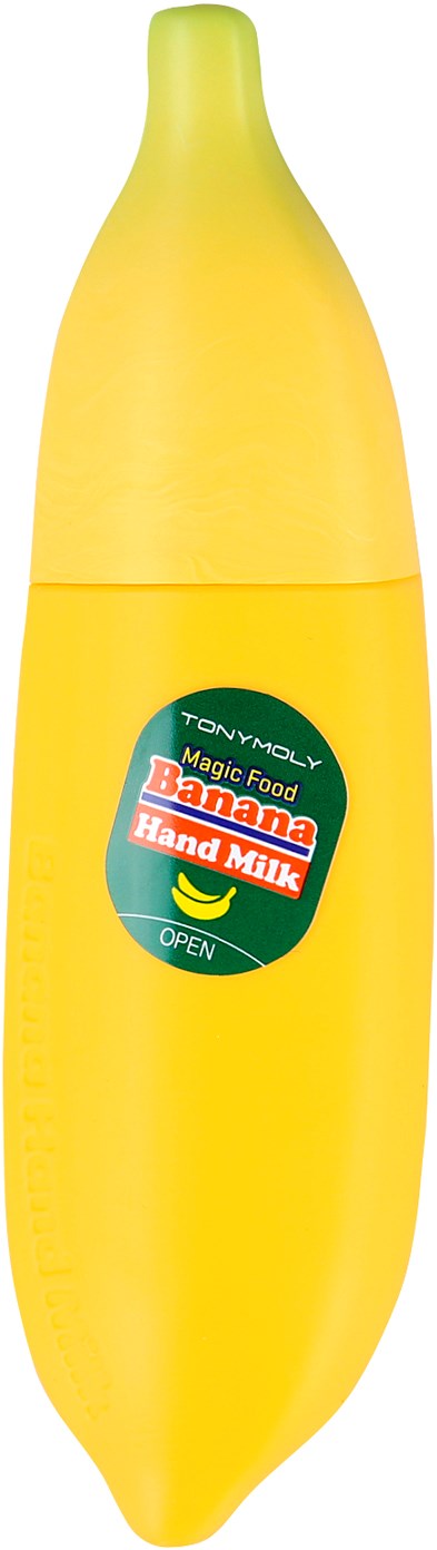 Eine gelbe Flasche in Bananenform, beschriftet als Bananen-Handmilch von TonyMoly.