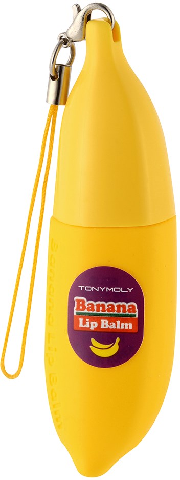 Gelbe, Bananen-formige Lippenbalsam-Behälter mit Clip und Aufkleber "Banana Lip Balm."