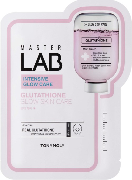 Hautpflege-Set mit einer Glasflasche beschriftet 'Glow Skin Care' und einer Maske für Glutathion-Hautpflege.