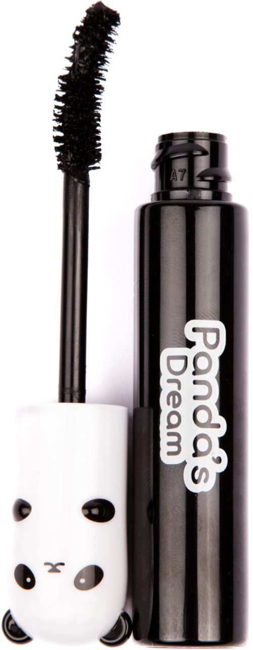 Mascara-Flasche mit Pandagesicht auf dem Deckel, die Bürste ist ausgefahren, und das Logo sagt "Panda's Dream."