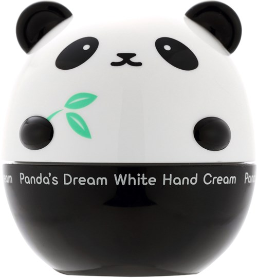 Ein panda-förmiger Behälter mit einem niedlichen Gesicht, schwarzen Ohren und Pfoten, der ein kleines grünes Blatt hält.