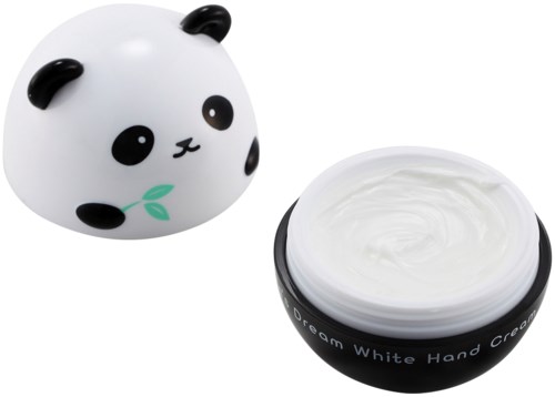 Ein Panda-Formbehälter mit Deckel, gefüllt mit weißer Handcreme.