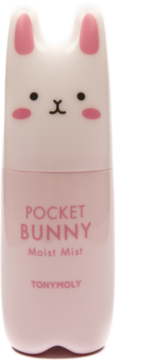 Eine pink-weiße Sprayflasche mit einem niedlichen Hasengesicht und Ohren, beschriftet "Pocket Bunny Moist Mist" von Tony Moly.