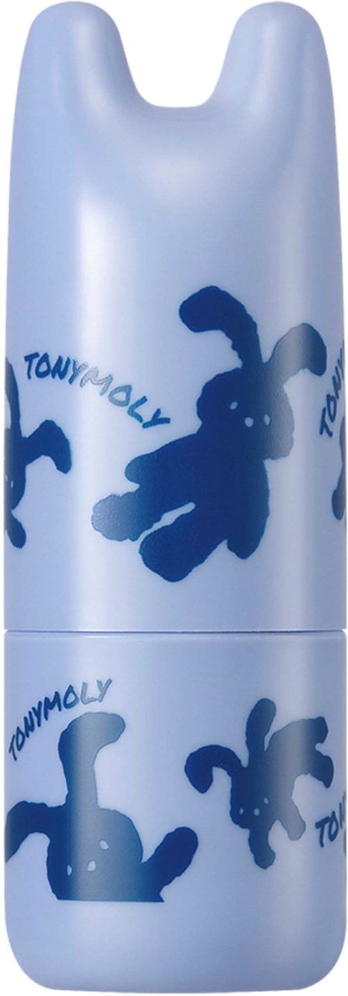 Blue bottle with dark blue teddy bear and playful text designs on it.