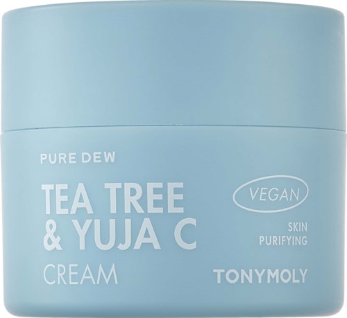 Blaue Cremetopf mit Aufschrift: Tee-Baum, Yuzu C, vegan, hautreinigend, TonyMoly.