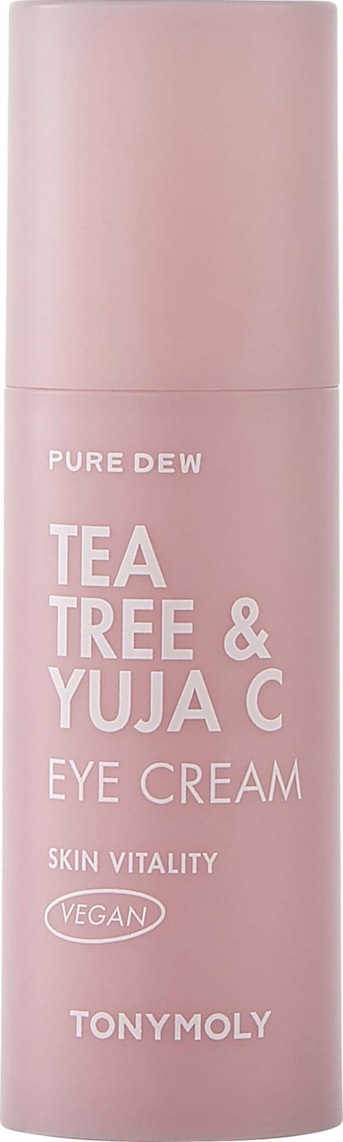Vaaleanpunainen kasvovoidepullo, jossa lukee Tea Tree & Yuja C, vegaani ja ihon elinvoima mainittu, TonyMoly.