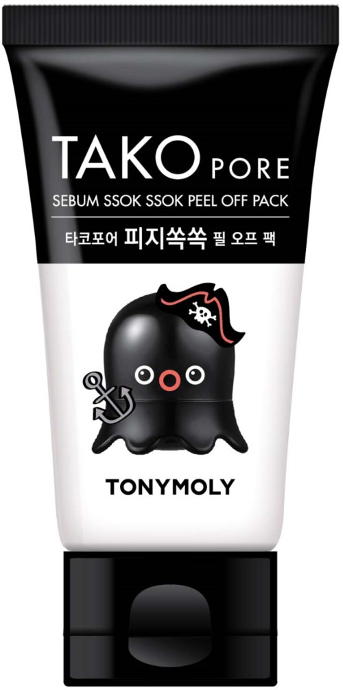Zwarte en witte tube met een schattig zwart inktvisje met een piratenhoed. Merknaam TONY MOLY en productinformatie op de tube.