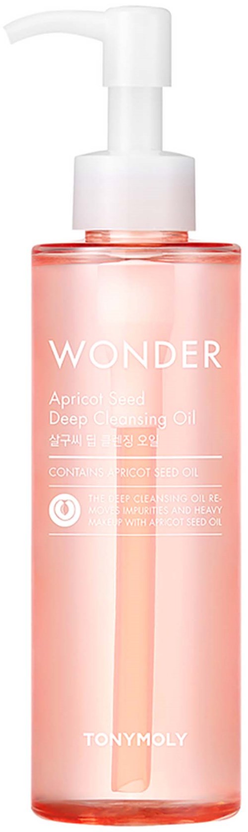 Rote Flasche mit Pumpe, beschriftet 'WONDER' und 'TONYMOLY', scheint ein Hautpflegeprodukt zu sein.
