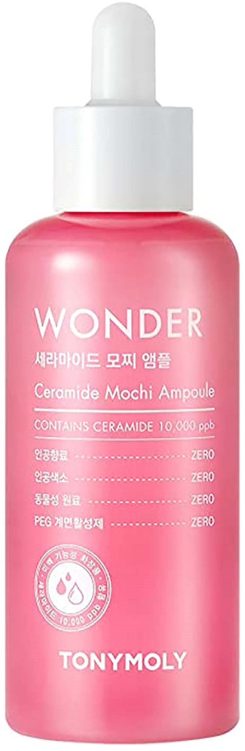 Pink bottle with a white dropper cap, labeled 'WONDER Ceramide Mochi Ampoule' from Tony Moly.
