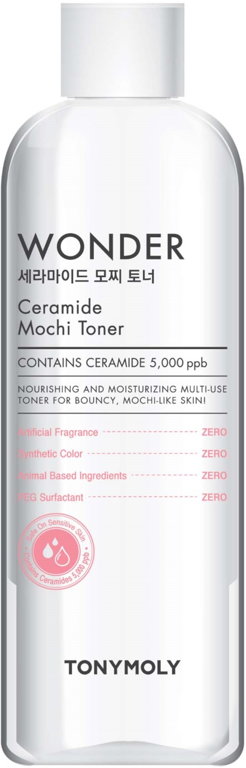 Tydlig flaska av Wonder Ceramide Mochi Toner med vit lock, vit etikett och svart och rosa text.