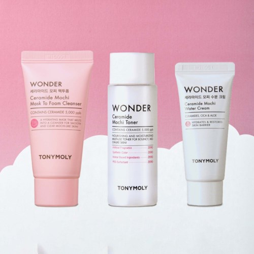 Three skincare products from Tony Moly with pink and white packaging against a split pink and white background.