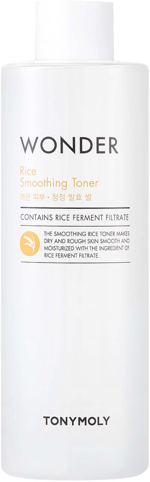 En vit flaska av Wonder Rice Smoothing Toner av TONYMOLY med en enkel etikett och vit kork.