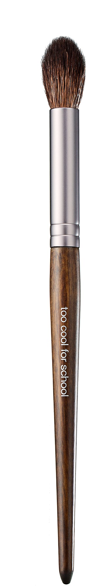Ein Make-up-Pinsel mit Holzgriff, braune Borsten und einer silbernen Metallfassung vor einem schwarz-weißen Hintergrund.
