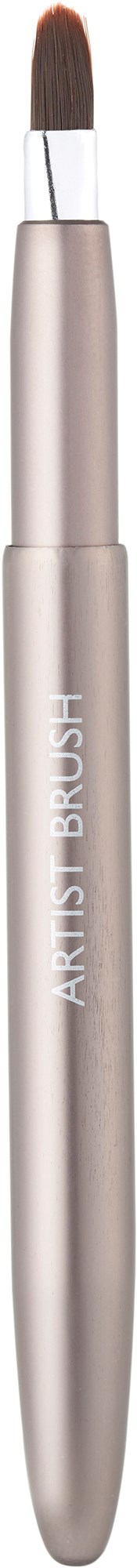 A makeup brush with a silver handle labeled 'ARTIST BRUSH' and a rounded brown bristle tip.