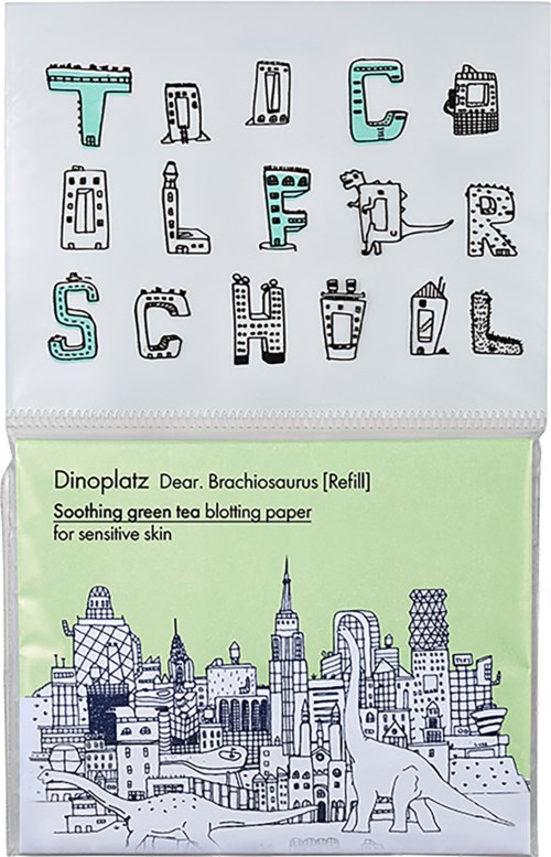 Bunte Buchstaben schreiben 'TOC TILL SCHOOL' mit einer Stadtlandschaft und Tieren auf der Tüte.