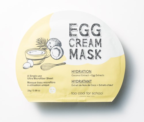 Gesichtsmaske mit Kokos, Ei-Extrakten und feuchtigkeitsspendenden Inhaltsstoffen, für Hautpflege und Kühlung.