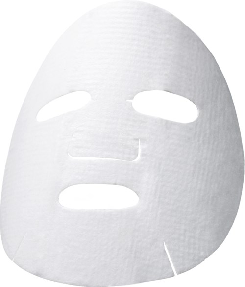 Ein einfacher weißer Gesichtsmaske mit Ausschnitten für Augen, Nase und Mund, löst unten.