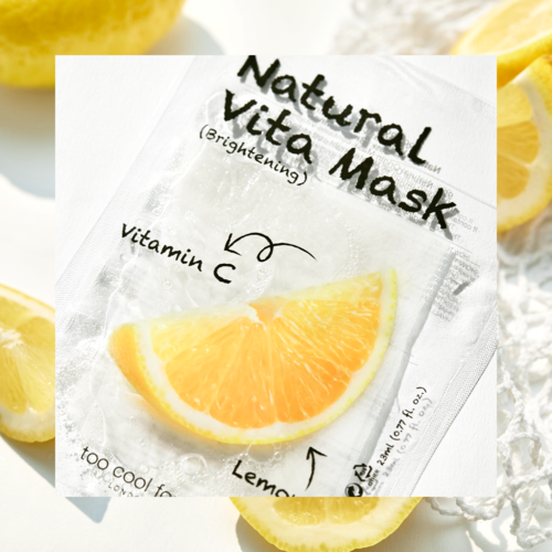 Eine Gesichtsmaske-Verpackung mit Zitronenabbildung und Text, der natürliche Inhaltsstoffe und Vitamin C hervorhebt.