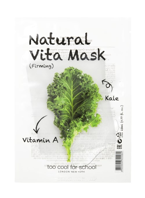 Etikett für eine Gesichtsmaske mit Zutaten wie Grünkohl und Vitamin A, behauptet natürlich und festigend zu sein.