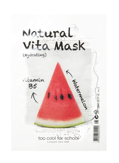 Eine Packung für eine Gesichtsmaske mit Wassermelonenillustration, die Vitamin B5 und Feuchtigkeit betont.