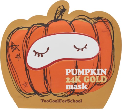 Eine Kürbismaske mit einem schläfrigen Gesicht, gekennzeichnet 'PUMPKIN 24K GOLD mask,' von TooCoolForSchool.