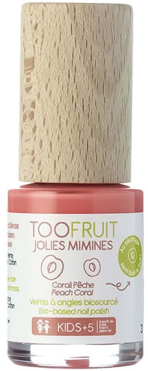 A small bottle of nail polish with a light pink color and a wooden cap. The label has text and icons, aimed at children.