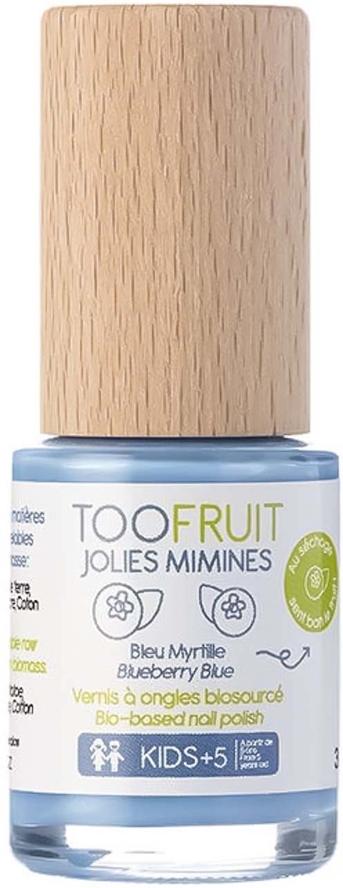 This is a bottle of blue nail polish with a wooden cap, labeled for kids, blueberry flavor, and eco-friendly.