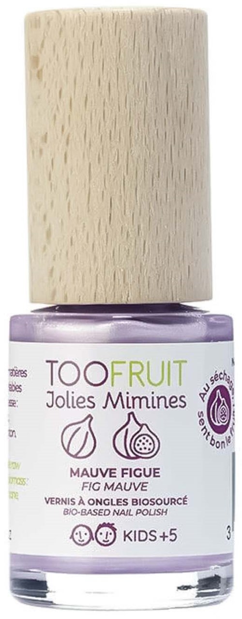 Purple nail polish in a small bottle with a wooden cap, labeled for kids, featuring fig fruit illustrations.