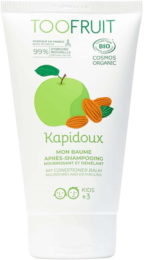 Natural shampoo and conditioner for kids, with apple and almond illustrations, suitable for ages 3 and up.