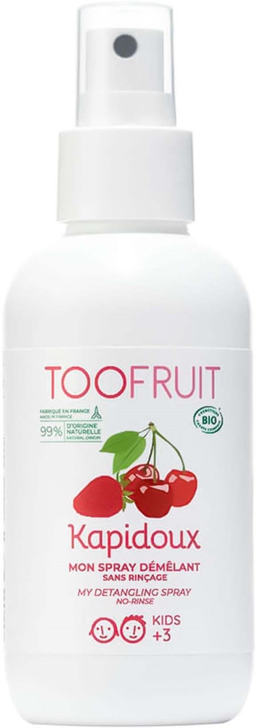 A white spray bottle labeled Toofruit with cherry and cherry illustrations, intended for kids' hair detangling.