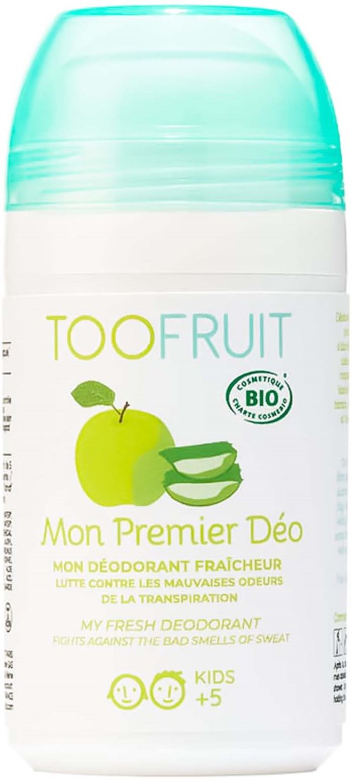 A white deodorant stick container with a green apple and cucumber illustrations, labeled "TOOFruit" and "My Fresh Deodorant."