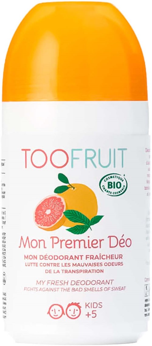 A white and orange deodorant bottle labeled "TooFruit" with a lemon, grapefruit, and leaves illustration.