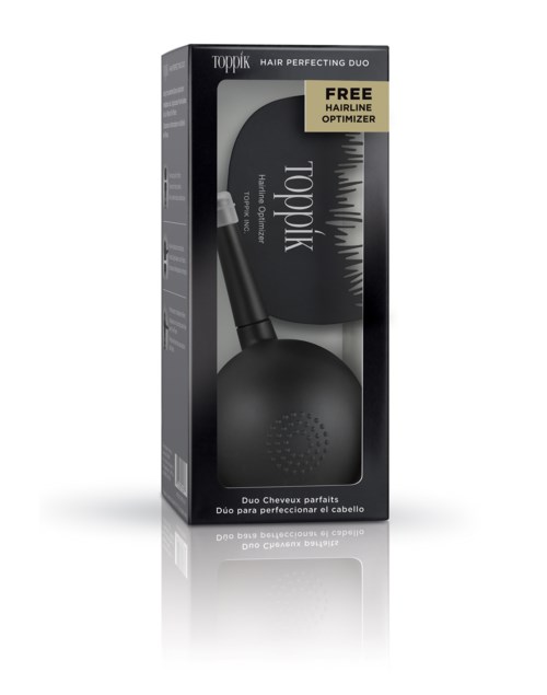 A black hair styling tool with a curved shape, in packaging with branding and a special offer sticker.