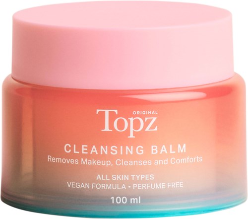 This is a pink and orange jar of Topz Cleansing Balm for removing makeup and soothing skin.