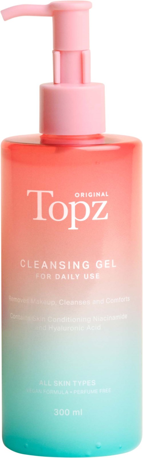 A pink and blue gradient cleansing gel bottle with a pump, labeled 'Topz,' for daily skin use.