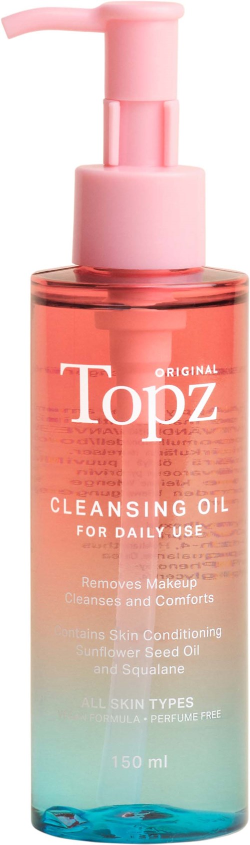 A pink and clear bottle of Topz cleansing oil with a pump, intended for daily facial use.